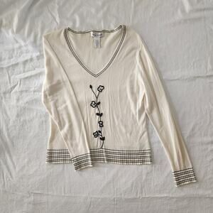 Rena Rowan Women's Ivory Black Floral Embroidered Knit V-Neck Blouse Size L